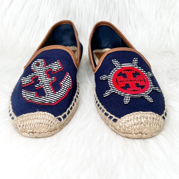 SOLD-Tory Burch Nautical Anchor & Logo Flat Slip On Navy Blue Canvas Espadrilles - Picture 5 of 10
